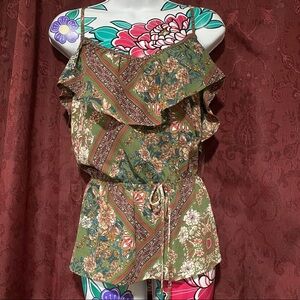 Charming Charlie Olive Green Floral Shirt